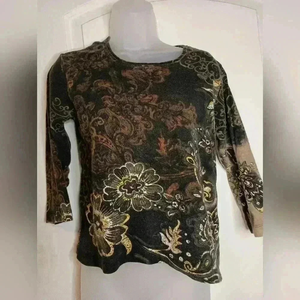Chico's Whimsigoth Black Brown‎ Gold Grunge top- (#676)